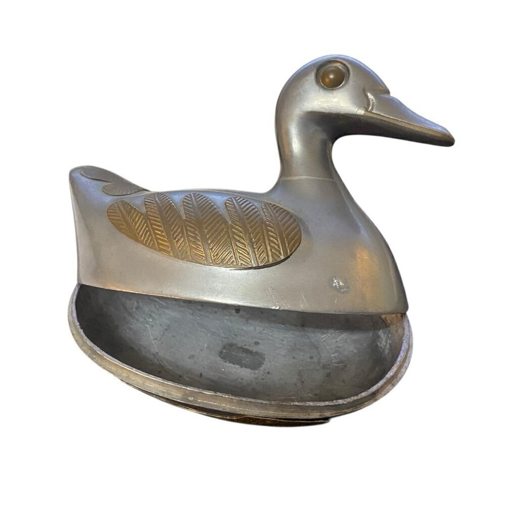 Vintage 1970's Pewter Duck Trinket Box with Brass Overlay Hong Kong 4" x 5" - Picture 3 of 9
